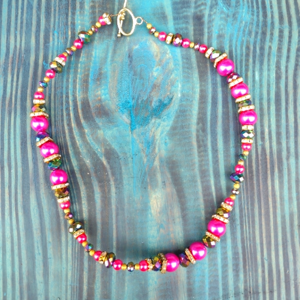 Handmade Pink, Gold, & Purple Wire Beaded Necklace